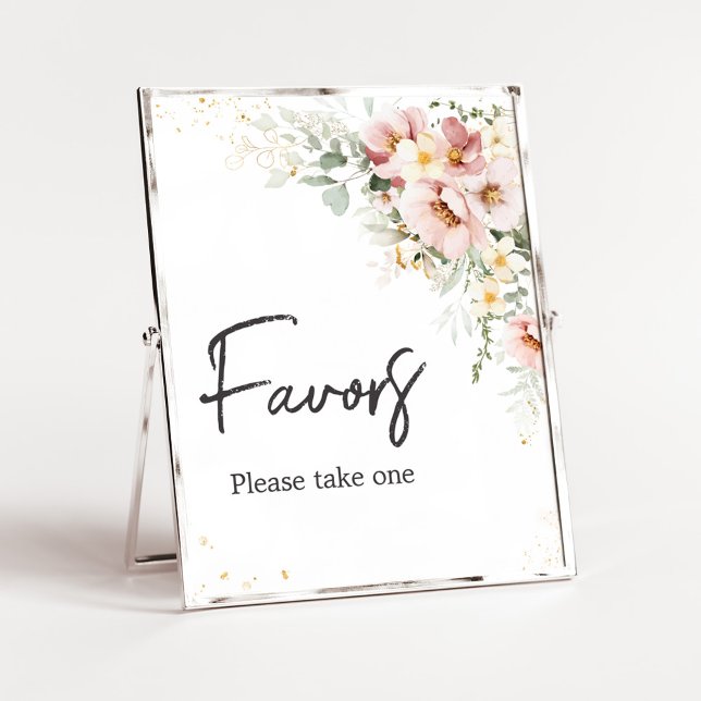 Dusty Rosa Blommigt Greenery Baby Shower Favows Fa Poster (Dusty Pink Floral Baby Shower Favors Sign)