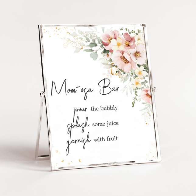 Dusty Rosa Blommigt Greenery Baby Shower Mamma Osa Poster (Dusty Pink Floral Baby Shower Mom Osa Bar Sign)