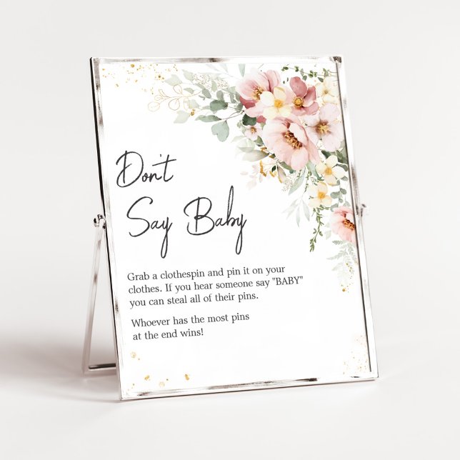 Dusty Rosa Blommigt Greenery Säg inte Baby Poster (Dusty Pink Floral Baby Shower Don't Say Baby Sign)