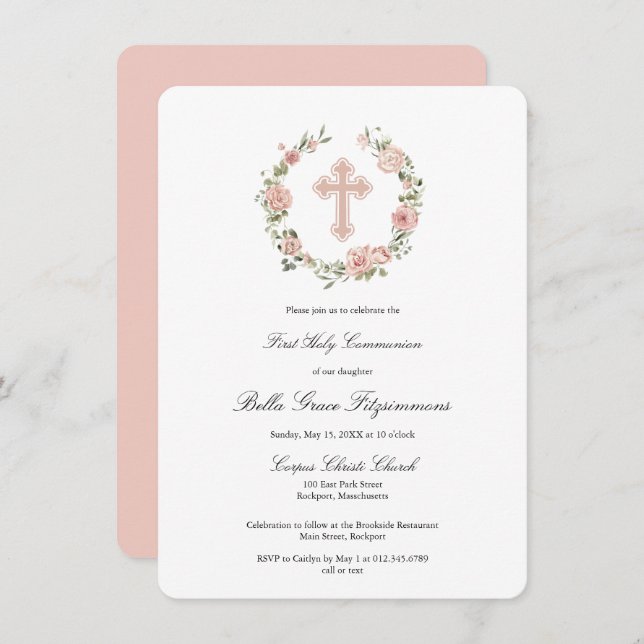 Dusty Rosa Blommigt Kor WAN First Communision Inbjudningar (Fram/baksida)
