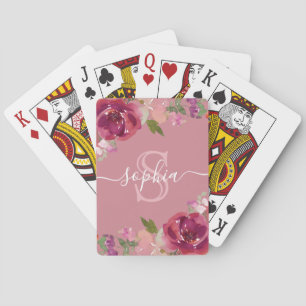 Dusty Rosa Blommigt Monogrammed skript Namn Casinokort