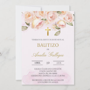 Dusty rosa blommigt Spansk baptism-inbjudan Inbjudningar