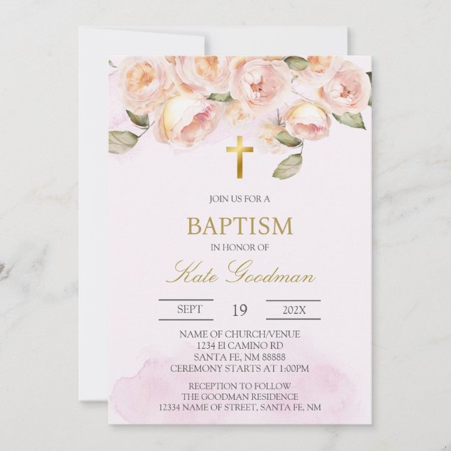 Dusty rosa blommigt Spansk baptism-inbjudan Inbjudningar (Framsida)