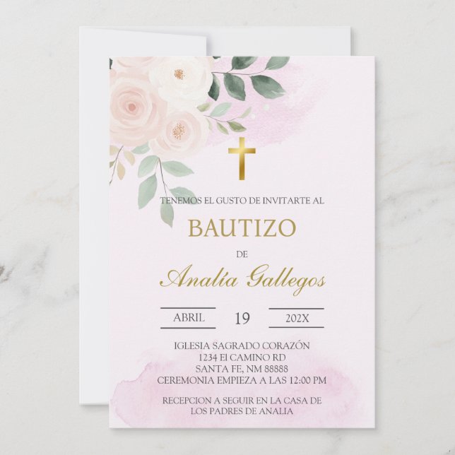 Dusty rosa blommigt Spansk baptism-inbjudan Inbjudningar (Framsida)