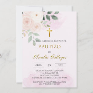 Dusty rosa blommigt Spansk baptism-inbjudan Inbjudningar
