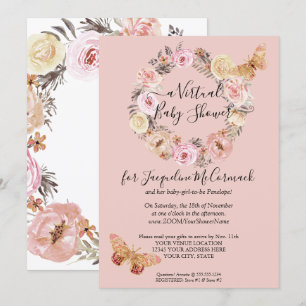Dusty Rosa Blommigt Wand Butterfly Virtuell Showe Inbjudningar