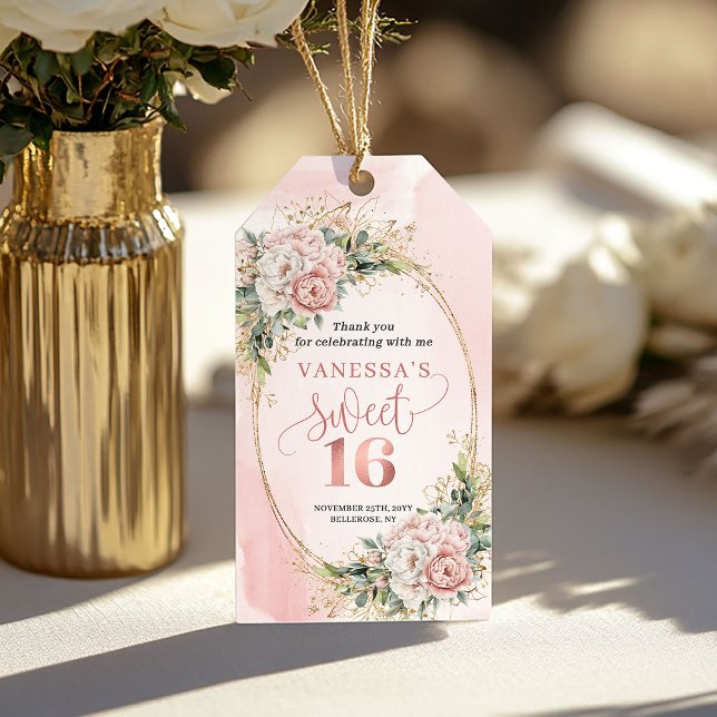 Dusty Rosa Blommor Grönska Tack för Söt Sexton Presentetikett (Dusty Pink Floral Greenery Sweet Sixteen Thank You)