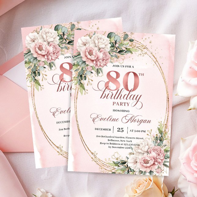 Dusty Rosa Blommor Guld Glitter Eukalyptus 80-års  Inbjudningar (Dusty Pink Floral Gold Glitter Eucalyptus 80th Invite)
