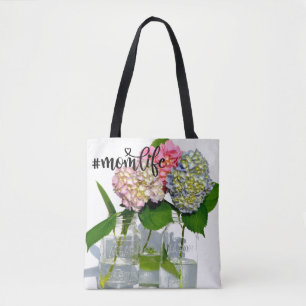 Dusty rosa blue gult grönt blommigt hydrangeas tygkasse