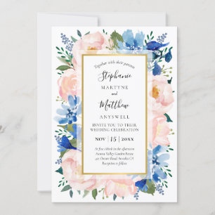 Dusty Rosa Blue Watercolor Blommigt Guld Bröllop Inbjudningar
