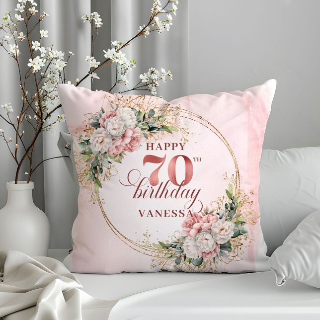 Dusty Rosa Bohemsk Blommig Kudd 70-årsdag  Kudde (Dusty Pink Bohemian Floral Pillow 70th Birthday Pillow)