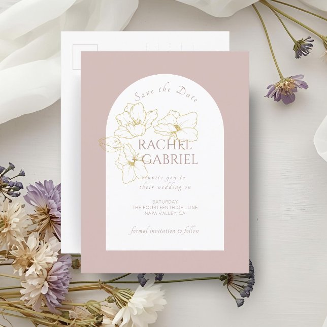 Dusty Rosa | Boho Arch Guld Blommigt Bröllop Vykort (Skapare uppladdad)