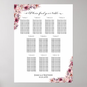 Dusty Rosa Boho Blommigt 10 Bord Bröllop Seating Poster