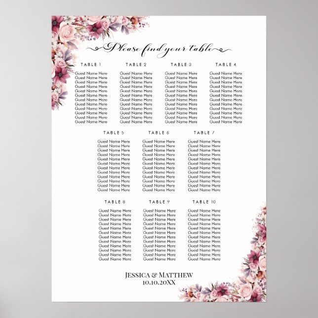 Dusty Rosa Boho Blommigt 10 Bord Bröllop Seating Poster (Framsidan)