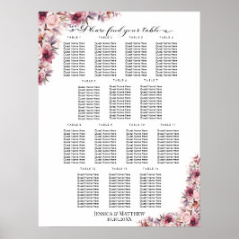 Dusty Rosa Boho Blommigt 14 Bord Bröllop Seating Poster