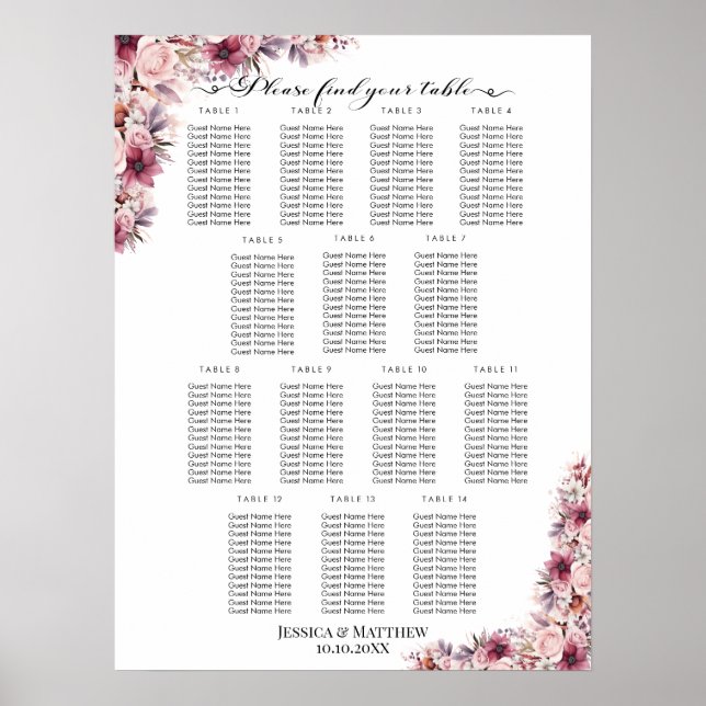 Dusty Rosa Boho Blommigt 14 Bord Bröllop Seating Poster (Framsidan)