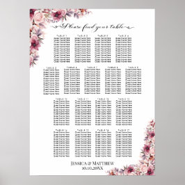 Dusty Rosa Boho Blommigt 17 Bord Bröllop Seating Poster