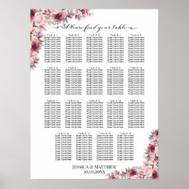 Dusty Rosa Boho Blommigt 19 Bord Bröllop Seating Poster