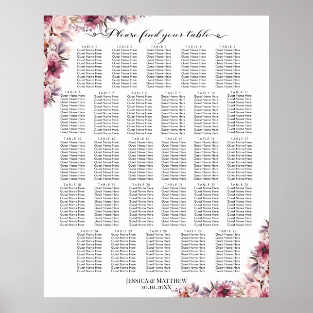 Dusty Rosa Boho Blommigt 28 Bord Bröllop Seating Poster (Framsidan)