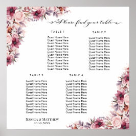 Dusty Rosa Boho Blommigt 4 Bord Bröllop Sittplatse Poster