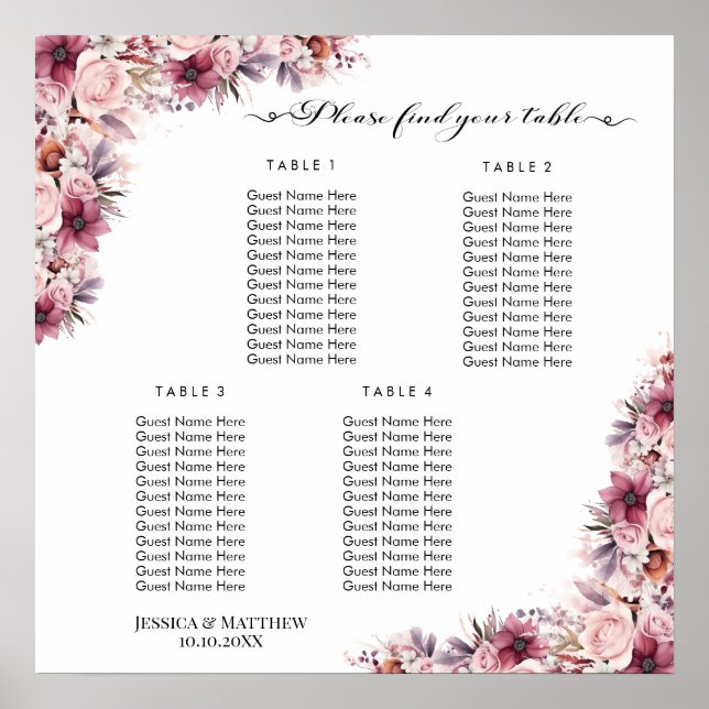 Dusty Rosa Boho Blommigt 4 Bord Bröllop Sittplatse Poster (Framsidan)