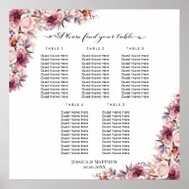 Dusty Rosa Boho Blommigt 5 Bord Bröllop Sittplatse Poster