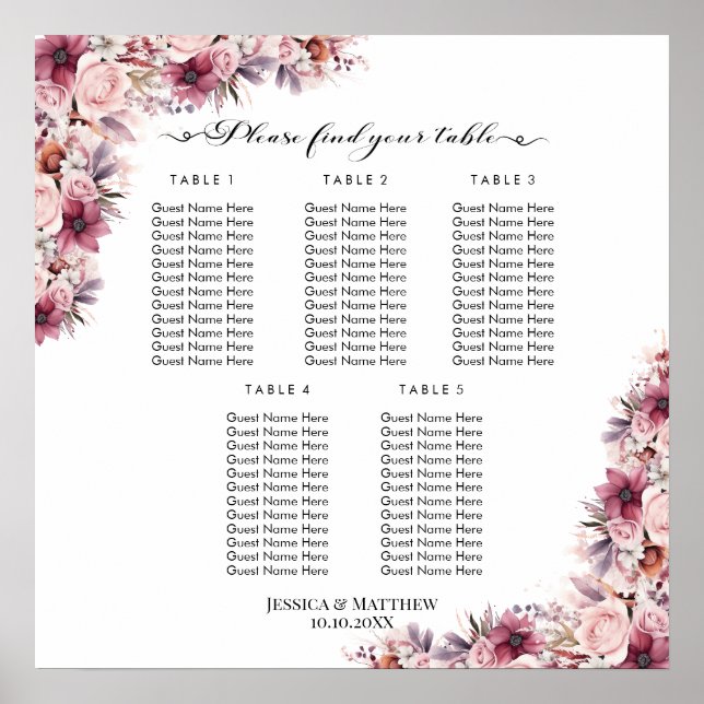 Dusty Rosa Boho Blommigt 5 Bord Bröllop Sittplatse Poster (Framsidan)