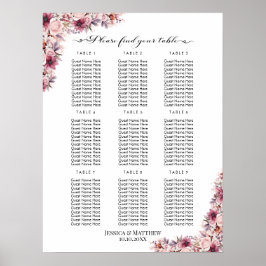 Dusty Rosa Boho Blommigt 9 Bord Bröllop Sittplats Poster