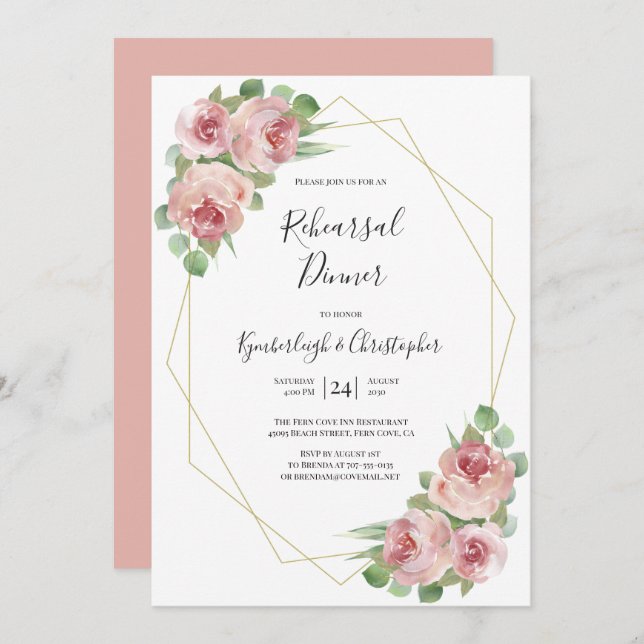 Dusty Rosa Boho Blommigt Geometric Rehearsal Midda Inbjudningar (Fram/baksida)