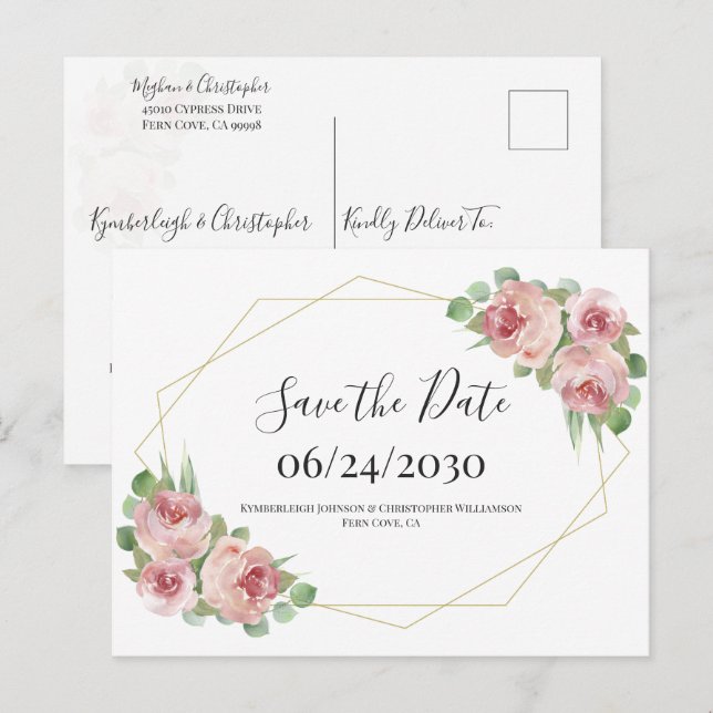 Dusty Rosa Boho Blommigt Geometric Save the Date Vykort (Fram/baksida)