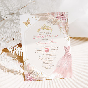 Dusty Rosa Boho Blommigt Quinceañera 15:e födelsed Inbjudningar