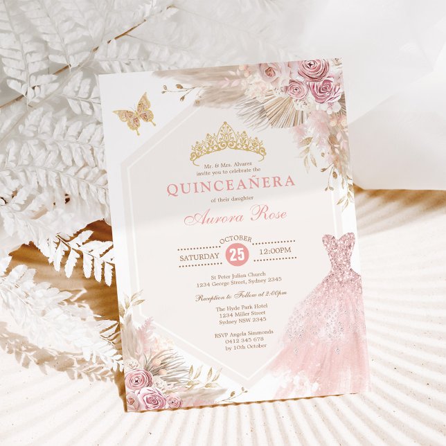 Dusty Rosa Boho Blommigt Quinceañera 15:e födelsed Inbjudningar (Skapare uppladdad)