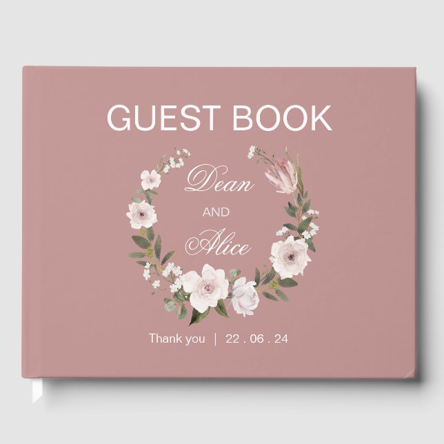 Dusty Rosa Boho Blommigt Vatten Färg Pastel Bröllo Gästböcker (Framsida)
