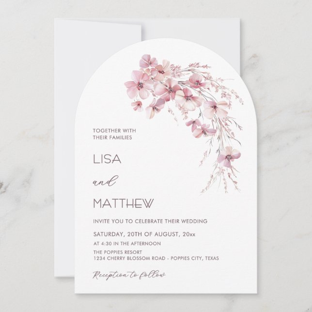 Dusty Rosa Boho Blommor Vit Casual Bröllop Inbjudningar (Framsida)