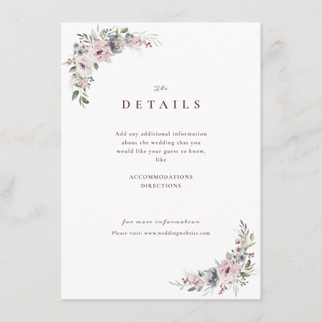 Dusty rosa boho blomster rustic bröllopsdetaljer tilläggskort (Framsida)