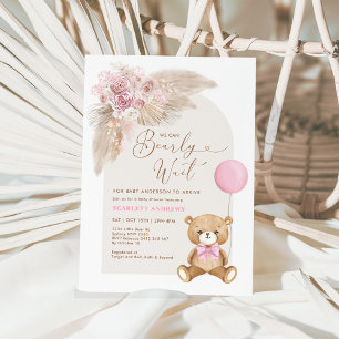 Dusty Rosa Boho Nalle Balloon Baby Shower Inbjudningar