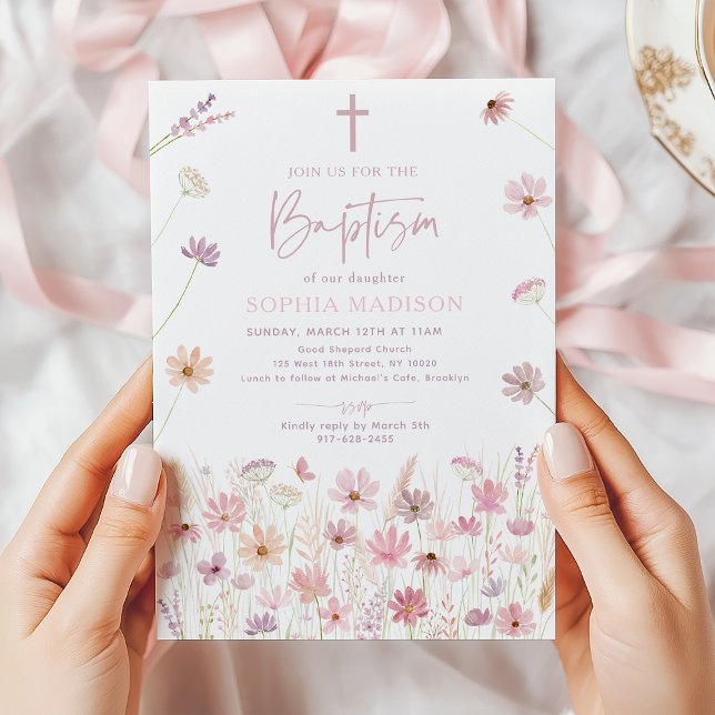 Dusty Rosa Boho Wildblommor Baptism Inbjudningar (Skapare uppladdad)