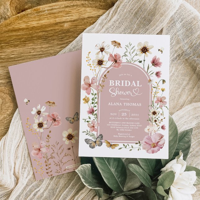 Dusty Rosa Boho Wildbloms Meadow Möhippa Inbjudningar (Skapare uppladdad)