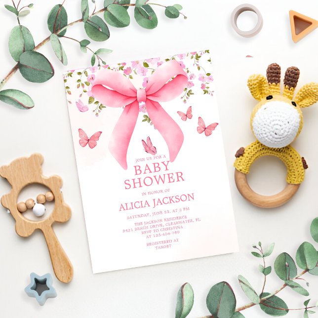 Dusty Rosa Bow Blommigt Coquette Butterflies Baby Inbjudningar (Skapare uppladdad)
