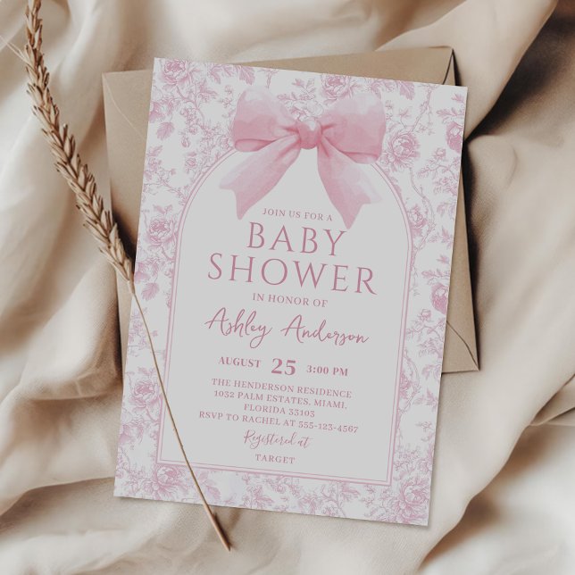 Dusty Rosa Bow-Blommigt - inbjudan till babyskabin (Skapare uppladdad)