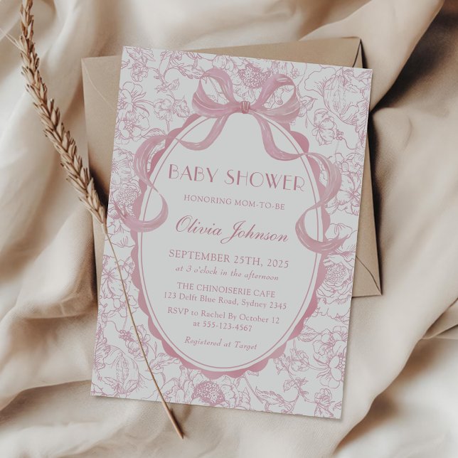 Dusty Rosa Bow Chinoiserie Blommigt Baby Shower Inbjudningar (Skapare uppladdad)