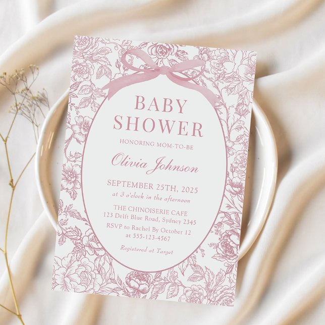 Dusty Rosa Bow Chinoiserie Blommigt Baby Shower Inbjudningar (Skapare uppladdad)