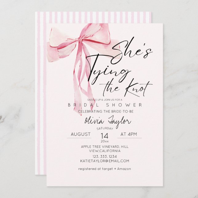 Dusty Rosa Bow Hon är Gifter sig Möhippa Inbjudningar (Fram/baksida)