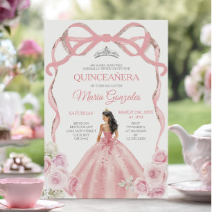 Dusty Rosa Bow Princess Silver Krona Quinceañera Inbjudningar