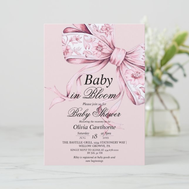Dusty Rosa Bow Watercolor Baby Shower-inbjudan Inbjudningar (Stående Fram)