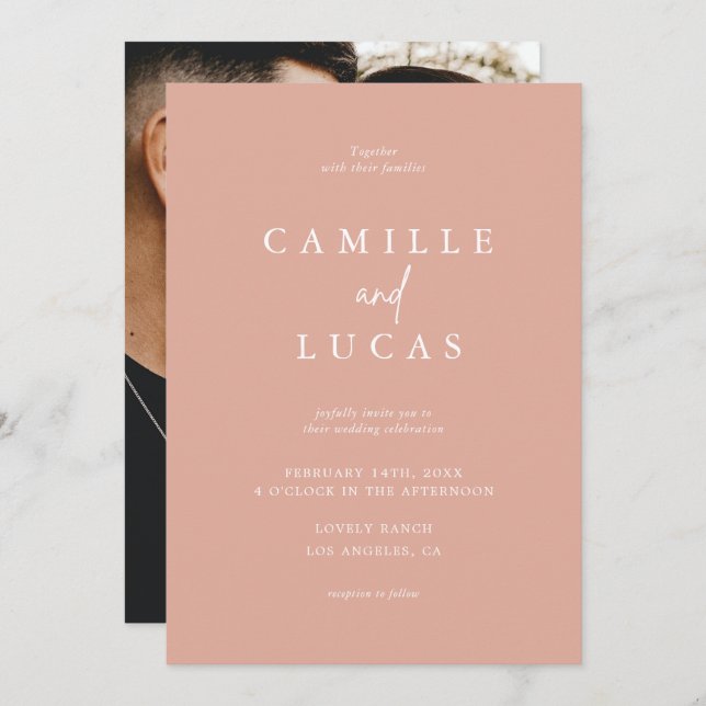 Dusty Rosa bröllop - inbjudan (Fram/baksida)