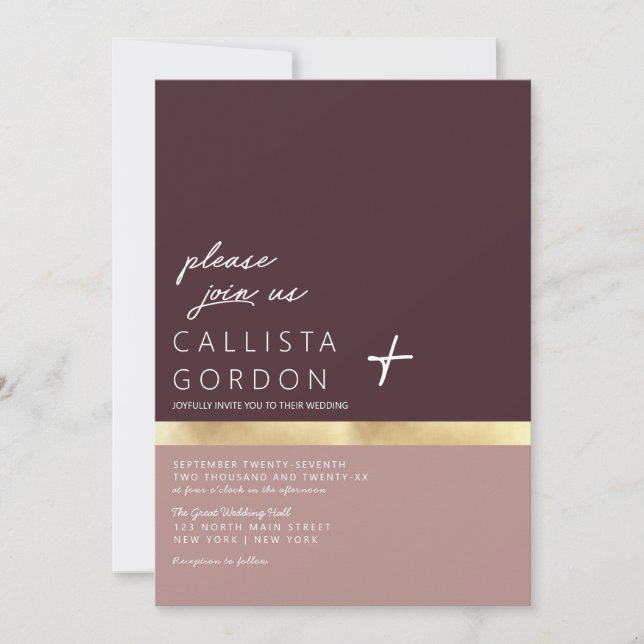 Dusty Rosa Burgundy Red Guld Färg Block Bröllop Inbjudningar (Framsida)
