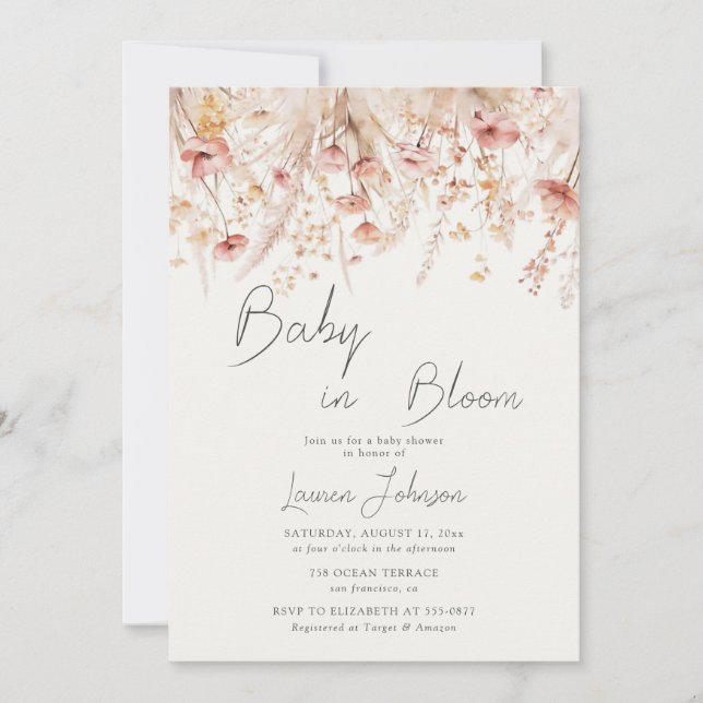 Dusty Rosa Cream Wildblommor Poppies Baby Shower Inbjudningar (Framsida)