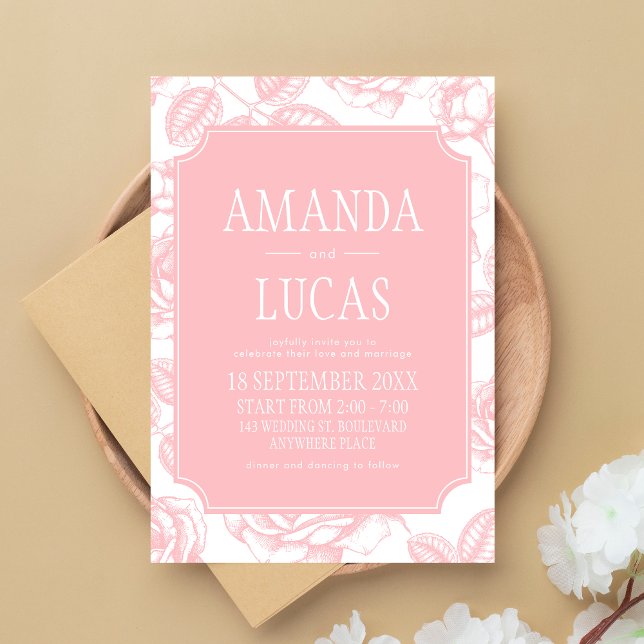 Dusty Rosa Elegant Chinoiserie Bröllop Inbjudningar (Dusty Pink Vintage Elegant Wedding Invitation)