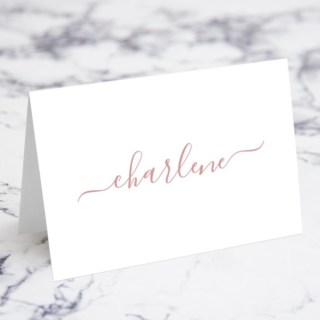 Dusty Rosa Elegant Namnteckning Namn ortskort Bordsnummer (Dusty Pink Elegant Signature Script Name Fold Your Own Place Cards)